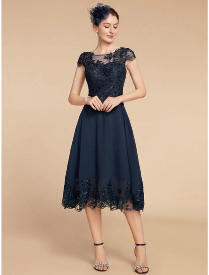 A-Line Mother of the Bride Dress Wedding Guest Elegant Petite Scoop Neck Tea Length Chiffon Lace Cap Sleeve with Sequin Ruching Solid Color