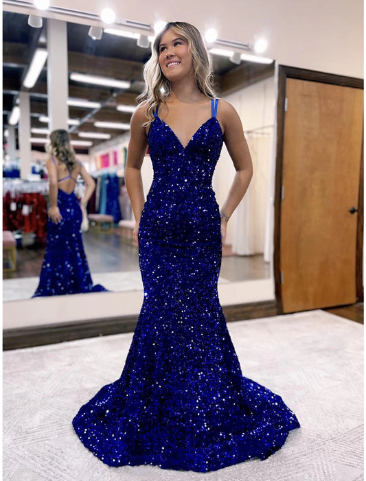 Mermaid / Trumpet Prom Dresses Sparkle & Shine Dress Formal Wedding Party Court Train Sleeveless V Neck Sequined Backless with Sequin