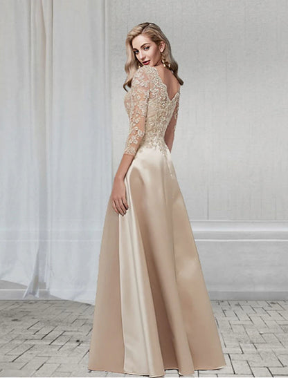 A-Line Elegant Wedding Guest Formal Evening Dress V Neck 3/4 Length Sleeve Floor Length Chiffon with Appliques