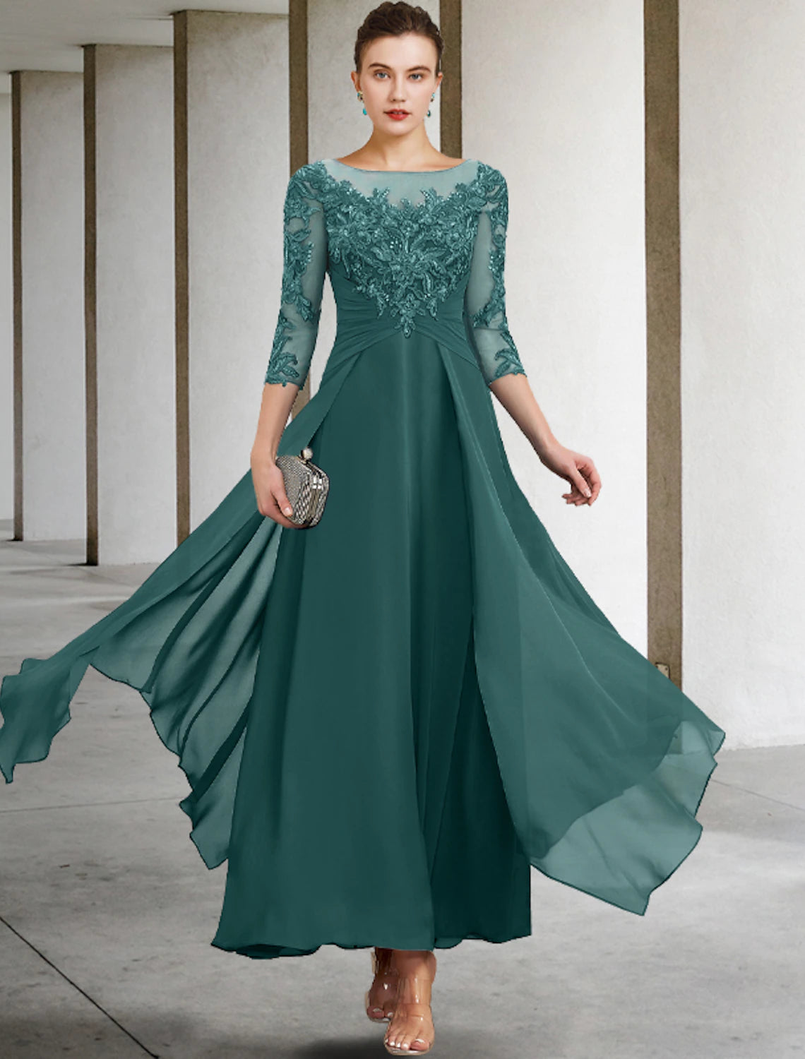 A-Line Mother of the Bride Dress Wedding Guest Plus Size Elegant Jewel Neck Ankle Length Chiffon Lace 3/4 Length Sleeve with Ruched Sequin Appliques