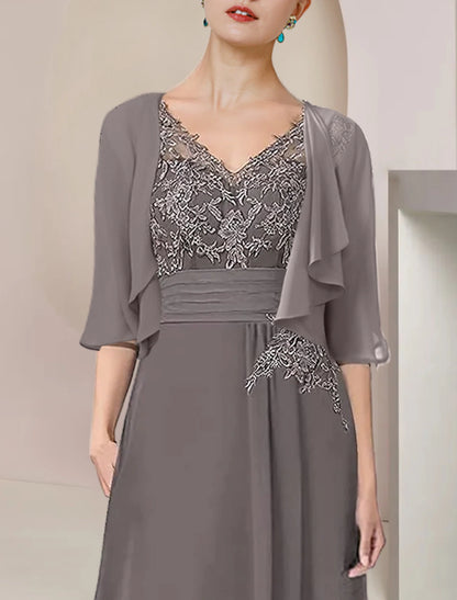 Two Piece A-Line Mother of the Bride Dress Formal Wedding Guest Elegant High Low V Neck Asymmetrical Tea Length Chiffon Lace 3/4 Length Sleeve Wrap Included with Ruched Appliques