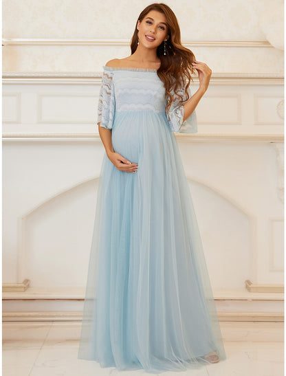 A-Line Mother of the Bride Dress Maternity Elegant Off Shoulder Floor Length Lace Tulle Sleeveless with Tier