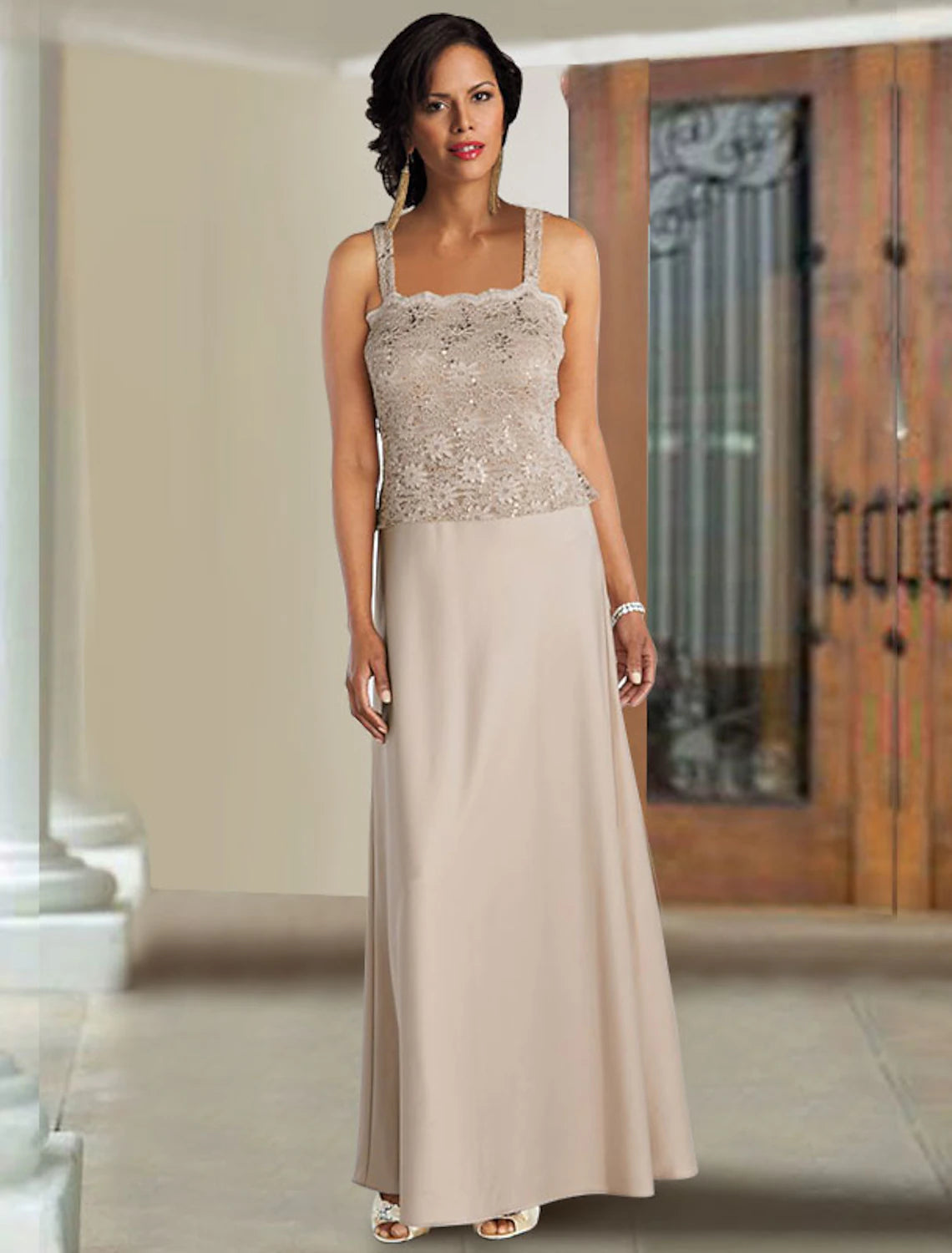 Two Piece A-Line Mother of the Bride Dress Elegant Square Neck Spaghetti Strap Floor Length Chiffon Lace Sleeveless Wrap Included with Solid Color