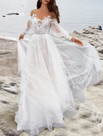 Beach Wedding Dresses A-Line Off Shoulder Long Sleeve Sweep / Brush Train Lace Bridal Gowns With Pleats Appliques