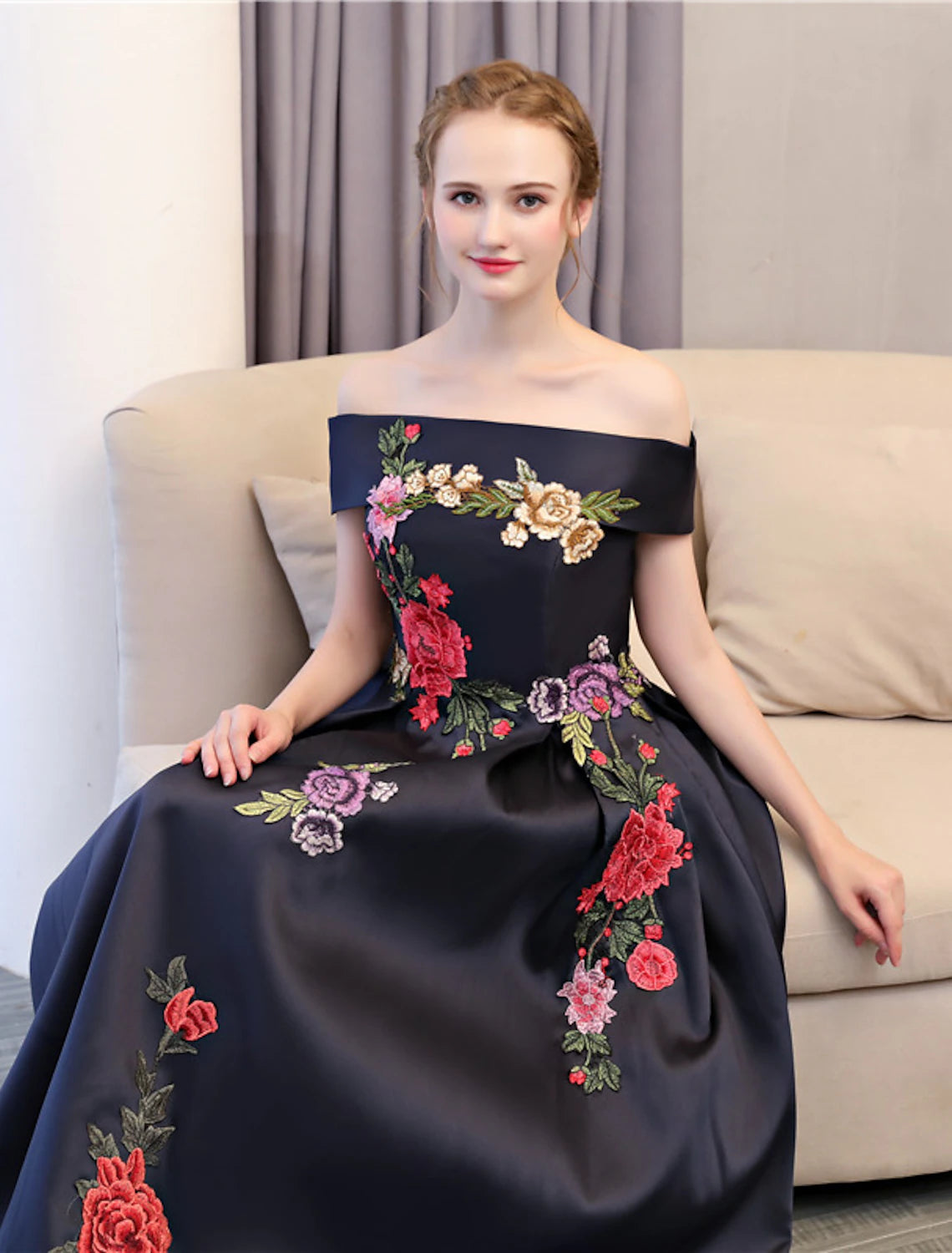 A-Line Floral Dress Wedding Guest Formal Evening Floor Length Sleeveless Off Shoulder Satin with Embroidery Appliques