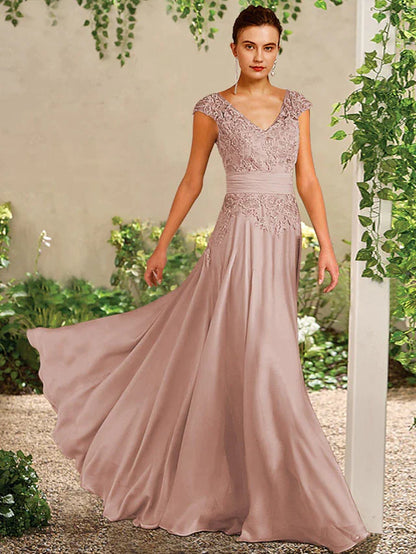 A-Line Mother of the Bride Dress Elegant V Neck Floor Length Chiffon Lace Sleeveless with Pleats Appliques