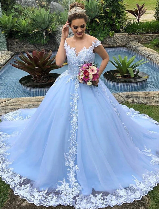 Engagement Fall Wedding Dresses in Color Formal Ball Gown V Neck Cap Sleeve Chapel Train Lace Bridal Gowns With Appliques