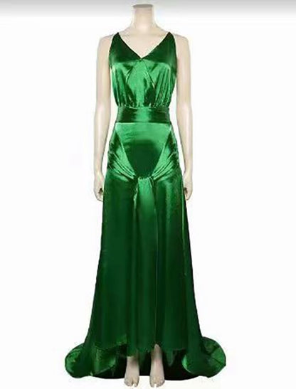 A-Line Prom Dresses Vintage Dress Holiday Party Wear Sweep / Brush Train Sleeveless V Neck Satin Backless with Ruched