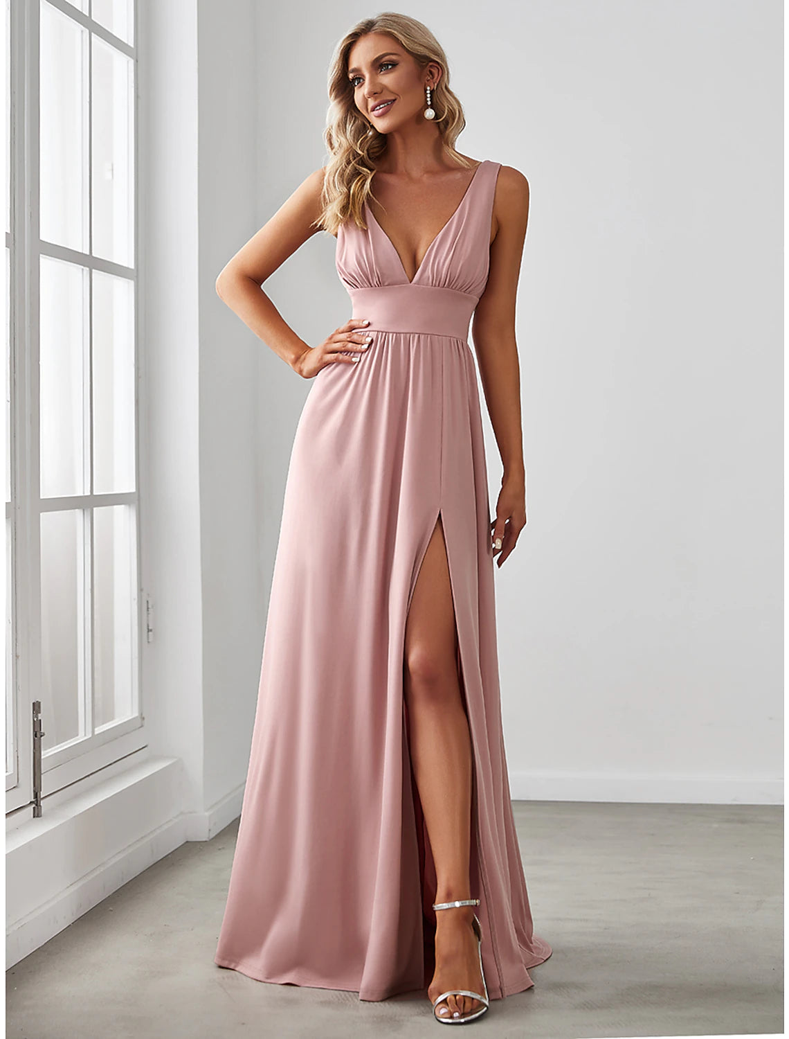 A-Line Prom Dresses High Split Dress Wedding Guest Floor Length Sleeveless V Neck Chiffon V Back with Slit