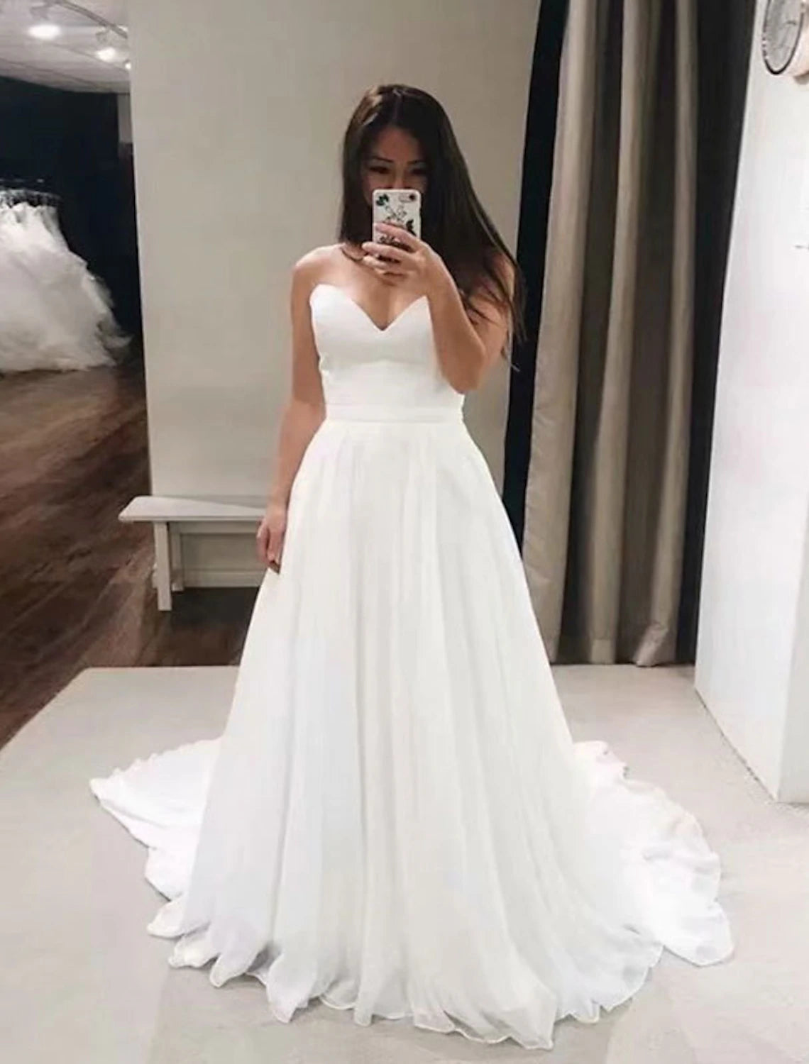 Reception Casual Formal Wedding Dresses A-Line Sweetheart Strapless Court Train Chiffon Bridal Gowns With