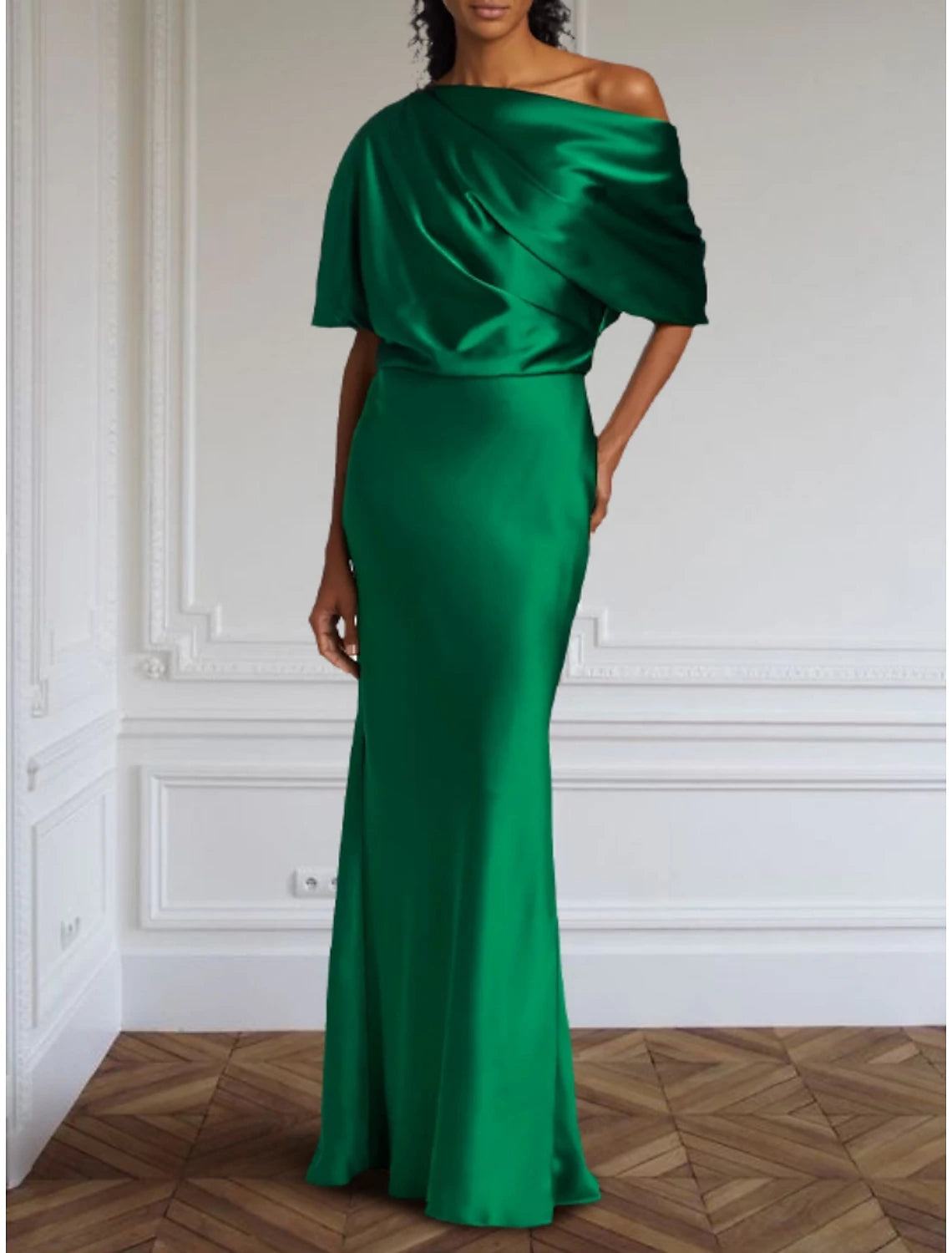 Sheath / Column Formal Evening Gown Elegant Dress Formal Floor Length Half Sleeve Off Shoulder Satin with Pleats Ruched