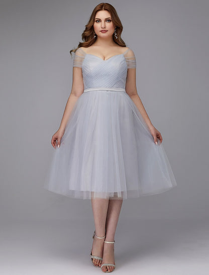 A-Line Elegant Dress Wedding Guest Tea Length Short Sleeve Off Shoulder Tulle with Sash / Ribbon