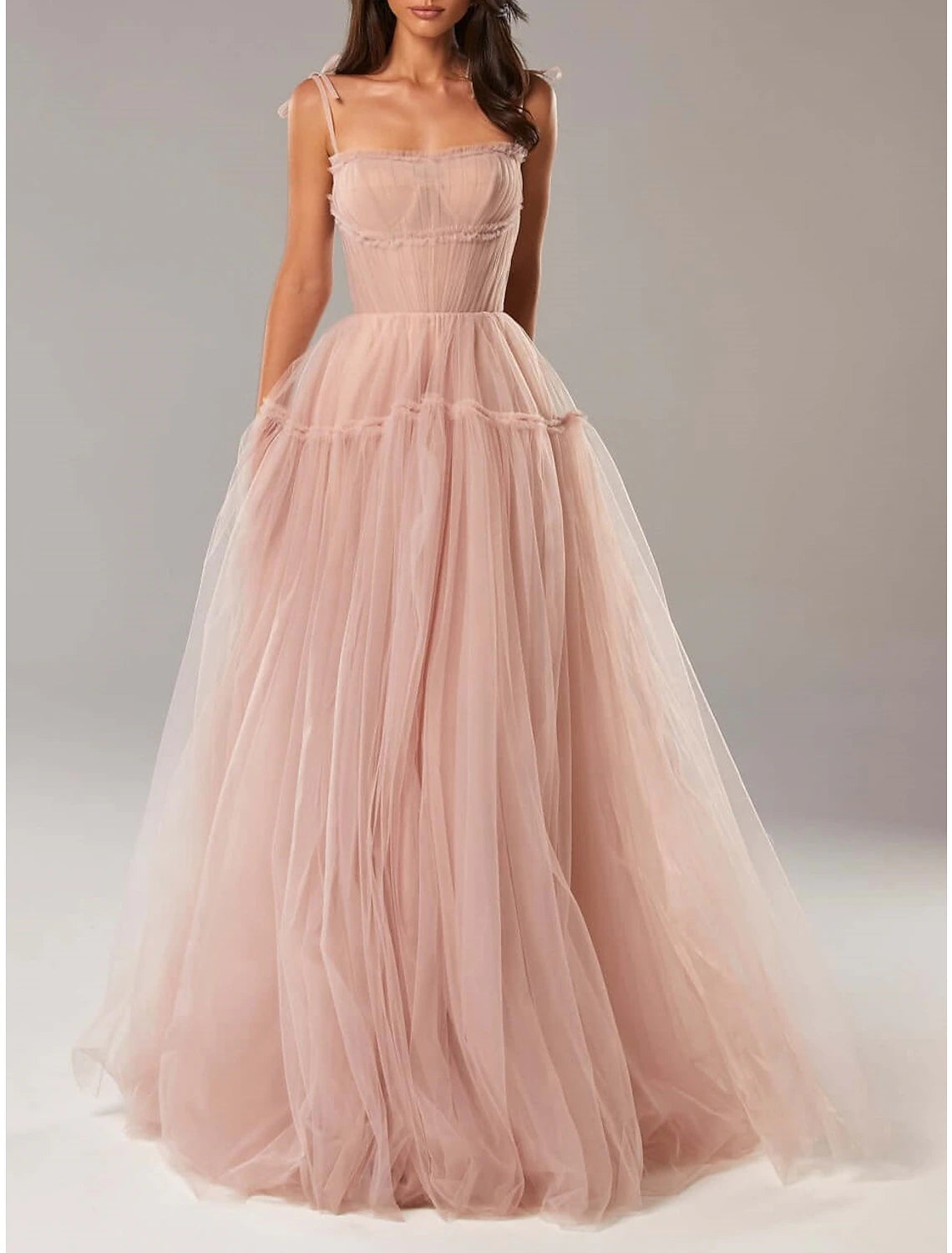 A-Line Prom Dresses Elegant Dress Wedding Guest Floor Length Sleeveless Spaghetti Strap Tulle with Pleats Ruffles