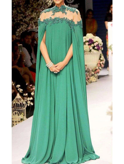 A-Line Evening Gown Elegant Dress Formal Wedding Guest Red Green Dress Floor Length Sleeveless High Neck Fall Wedding Guest Chiffon with Appliques Pure Color