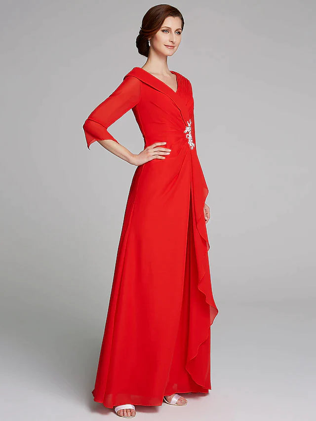 A-Line Mother of the Bride Dress Elegant V Neck Floor Length Chiffon Half Sleeve with Pleats Appliques