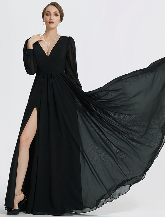 A-Line Evening Gown Elegant Dress Formal Floor Length Long Sleeve V Neck Chiffon with Slit