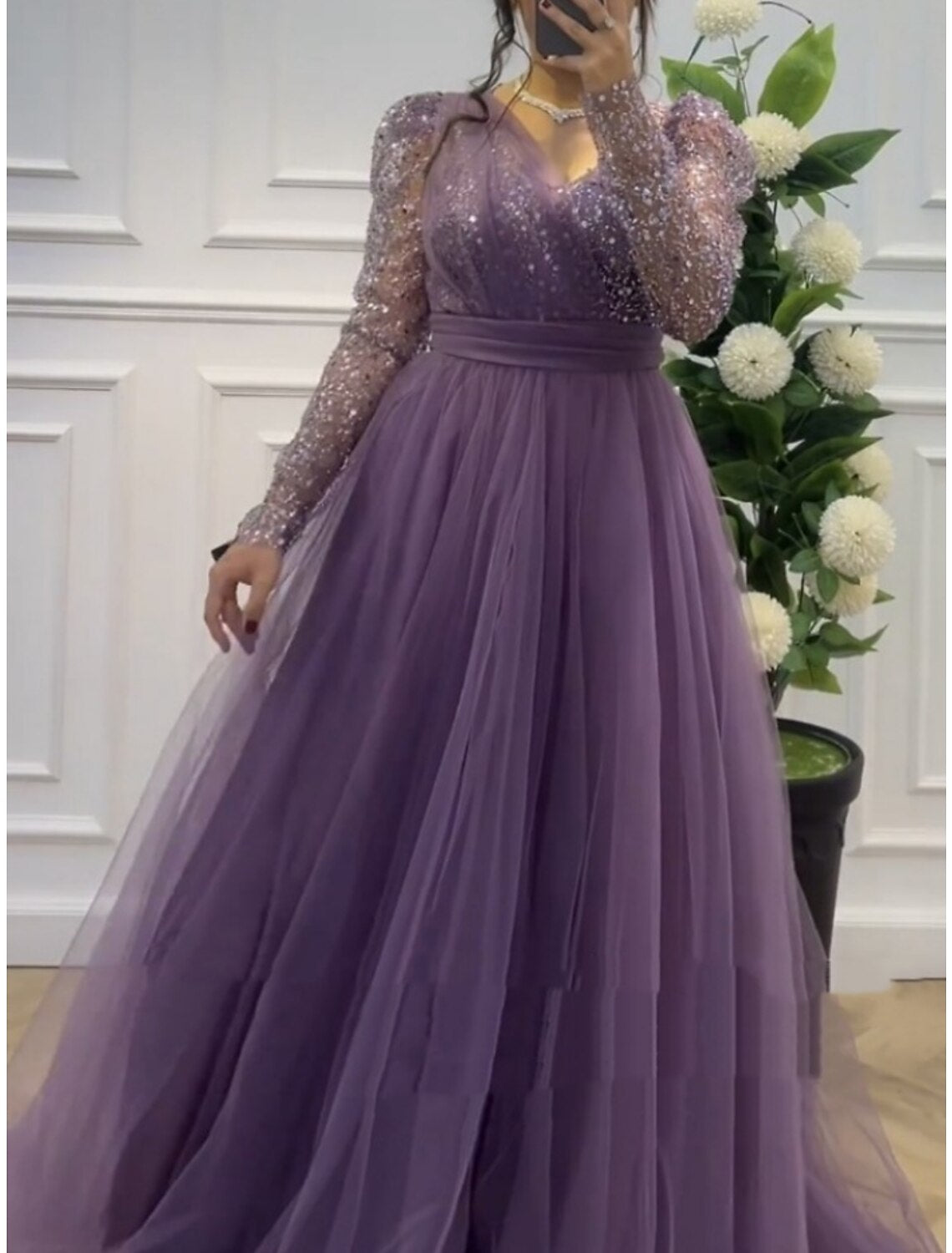 A-Line Prom Dresses Elegant Dress Formal Sweep / Brush Train Long Sleeve V Neck Tulle with Glitter Pleats