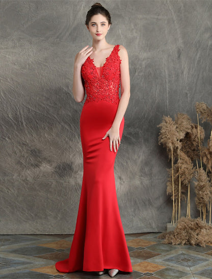 Mermaid / Trumpet Evening Gown Elegant Dress Formal Sweep / Brush Train Sleeveless V Neck Cotton Blend with Beading Appliques