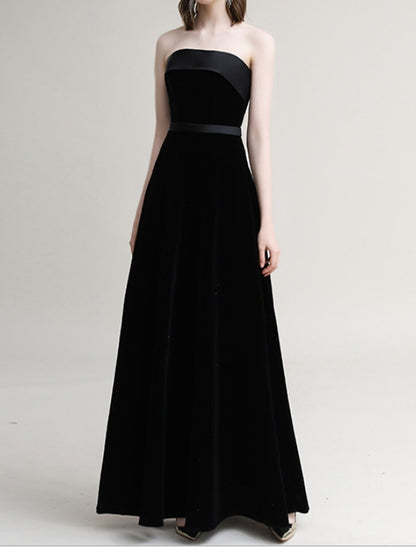 A-Line Bridesmaid Dress Strapless Sleeveless Elegant Floor Length Velvet with Sash / Ribbon