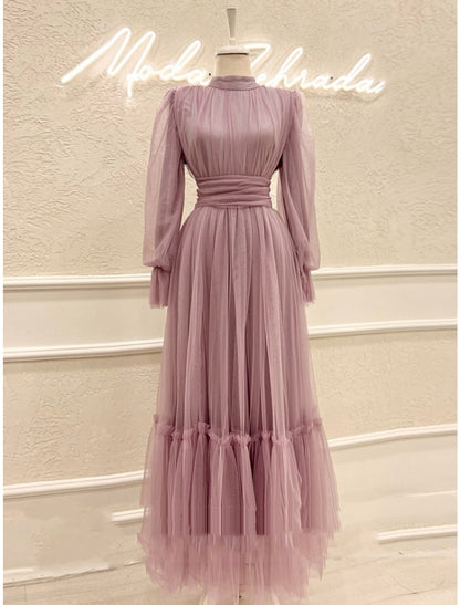 A-Line Prom Dresses Elegant Dress Formal Ankle Length Long Sleeve High Neck Tulle with Pleats Ruched