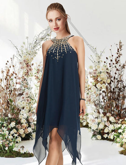 A-Line Cocktail Dresses Flirty Dress Wedding Guest Asymmetrical Sleeveless Halter Chiffon with Crystals Beading