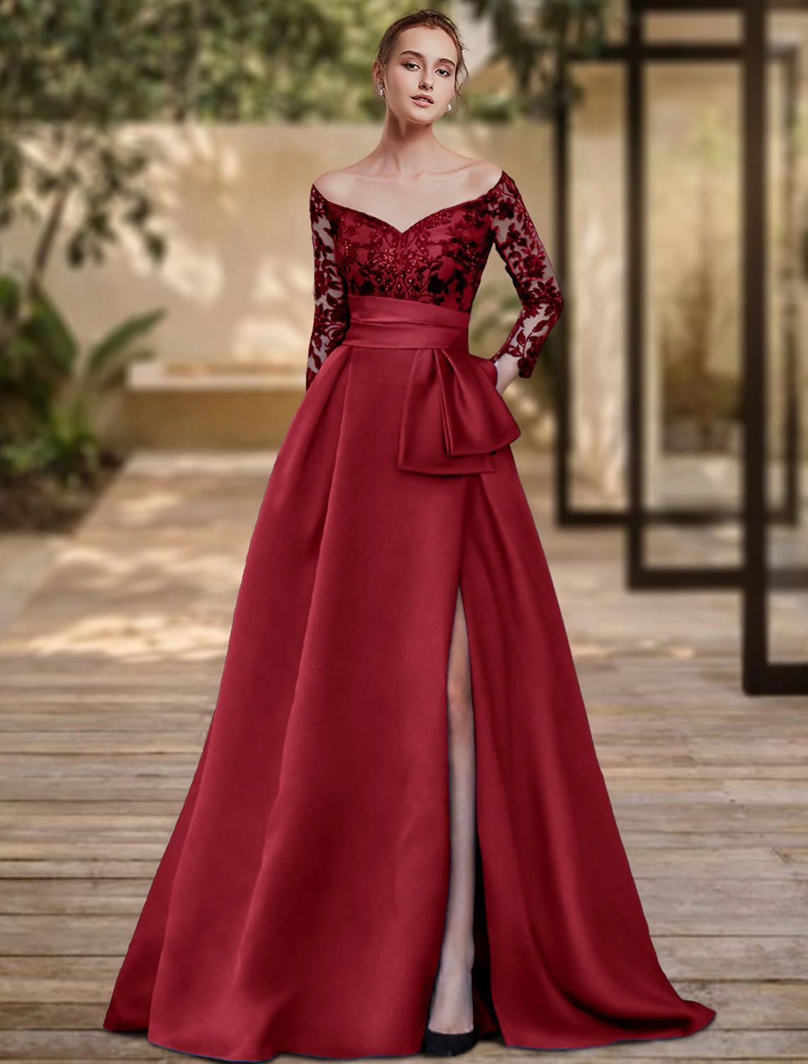 Sheath / Column Evening Gown High Split Dress Formal Wedding Guest Sweep / Brush Train 3/4 Length Sleeve Off Shoulder Charmeuse with Bow(s) Sequin Slit