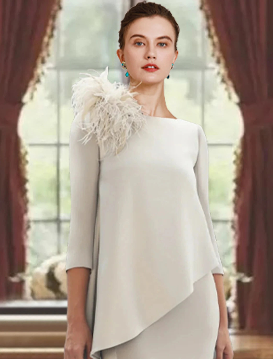 Sheath / Column Mother of the Bride Dress Formal Wedding Guest Elegant Scoop Neck Sweep / Brush Train Stretch Fabric 3/4 Length Sleeve with Feather