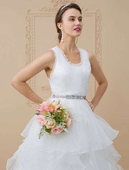 A-Line Scoop Neck Sweep / Brush Train Chiffon / Tulle Made-To-Measure Wedding Dresses with Appliques