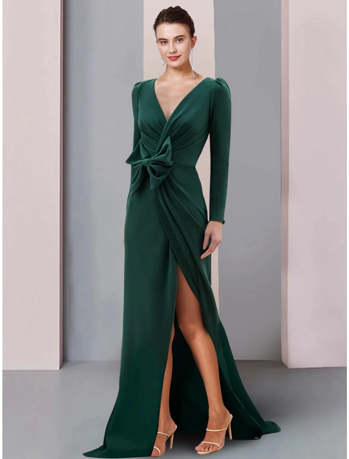 A-Line Mother of the Bride Dress Wedding Guest Elegant V Neck Sweep / Brush Train Stretch Fabric Long Sleeve with Bow(s) Split Front Ruching