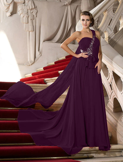 A-Line Elegant Dress Wedding Guest Engagement Court Train Sleeveless One Shoulder Chiffon with Crystals Draping