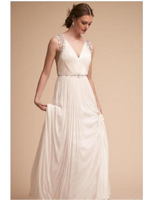 Reception Wedding Dresses Princess V Neck Sleeveless Sweep / Brush Train Chiffon Bridal Gowns With Beading Appliques