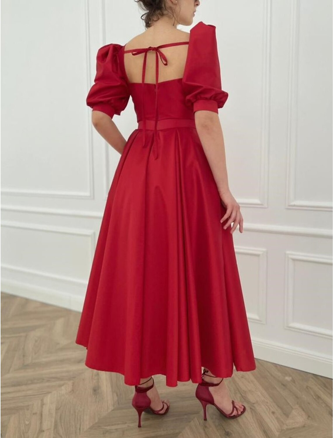 A-Line Cocktail Dresses Vintage Dress Party Wear Wedding Guest Tea Length Half Sleeve Square Neck Satin with Bow(s) Buttons Slit