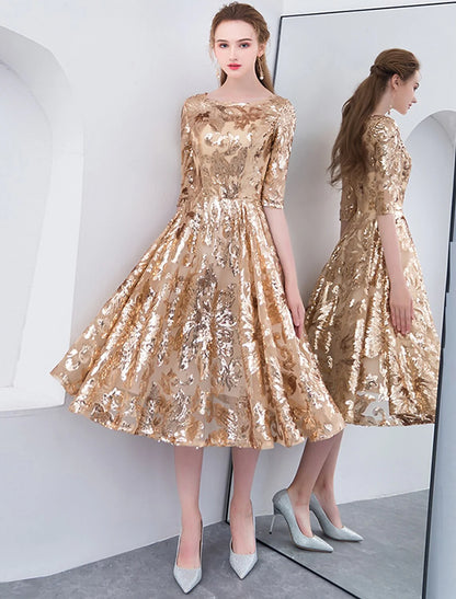 A-Line Cocktail Dresses Party Dress Holiday Wedding Guest Tea Length Half Sleeve Jewel Neck Sequined