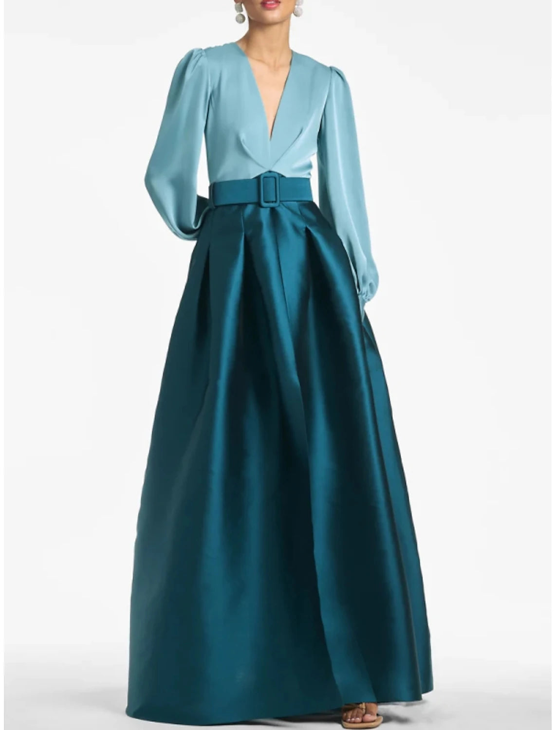 A-Line Formal Satin Pocket Christmas Red Green Dress Long Sleeve Blue Evening Gown High Split Wedding Guest Dress Fall Wedding Floor Length Color Contrast V Neck Belt / Sash Navy with Pleats Slit