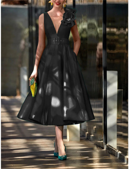 A-Line Cocktail Fall Dresses Red Green Dress Vintage Formal Tea Length Sleeveless V Neck Belt / Sash Satin with Pleats Shouder Flower