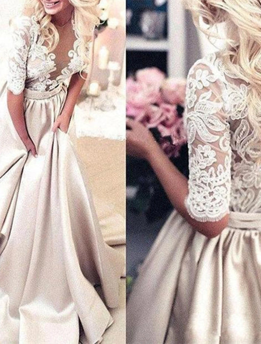 Hall Formal Fall Wedding Dresses A-Line Illusion Neck Half Sleeve Court Train Satin Bridal Gowns With Buttons Appliques Summer Wedding Party