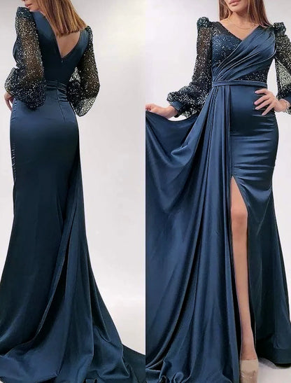 Mermaid / Trumpet Evening Gown Sparkle & Shine Dress Formal Court Train Long Sleeve V Neck Fall Wedding Guest Charmeuse with Sequin Slit