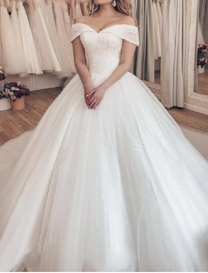 Engagement Formal Wedding Dresses Ball Gown Off Shoulder Cap Sleeve Chapel Train Tulle Bridal Gowns With Pleats Sequin