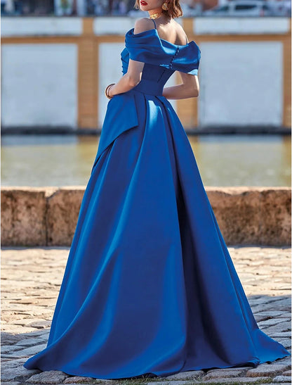 A-Line Evening Gown Elegant Dress Formal Floor Length Short Sleeve Off Shoulder Satin with Slit