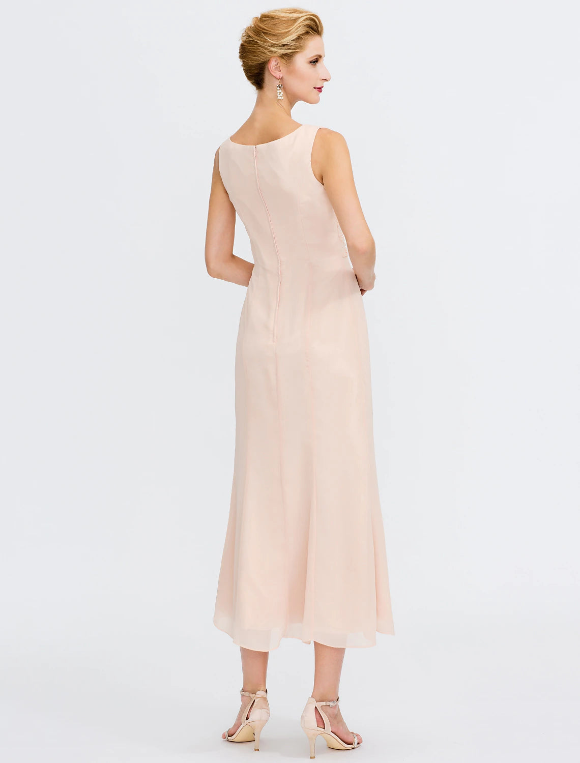 Two Piece Sheath / Column Mother of the Bride Dress Fall Wedding Guest Dresses Plus Size Elegant Jewel Neck Tea Length Chiffon Sleeveless Wrap Included with Sash / Ribbon Pleats Beading