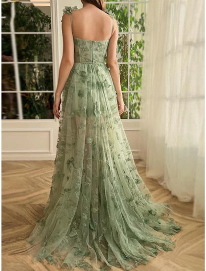 A-Line Prom Dresses Elegant Dress Formal Sweep / Brush Train Sleeveless Square Neck Tulle with Pleats Slit Appliques