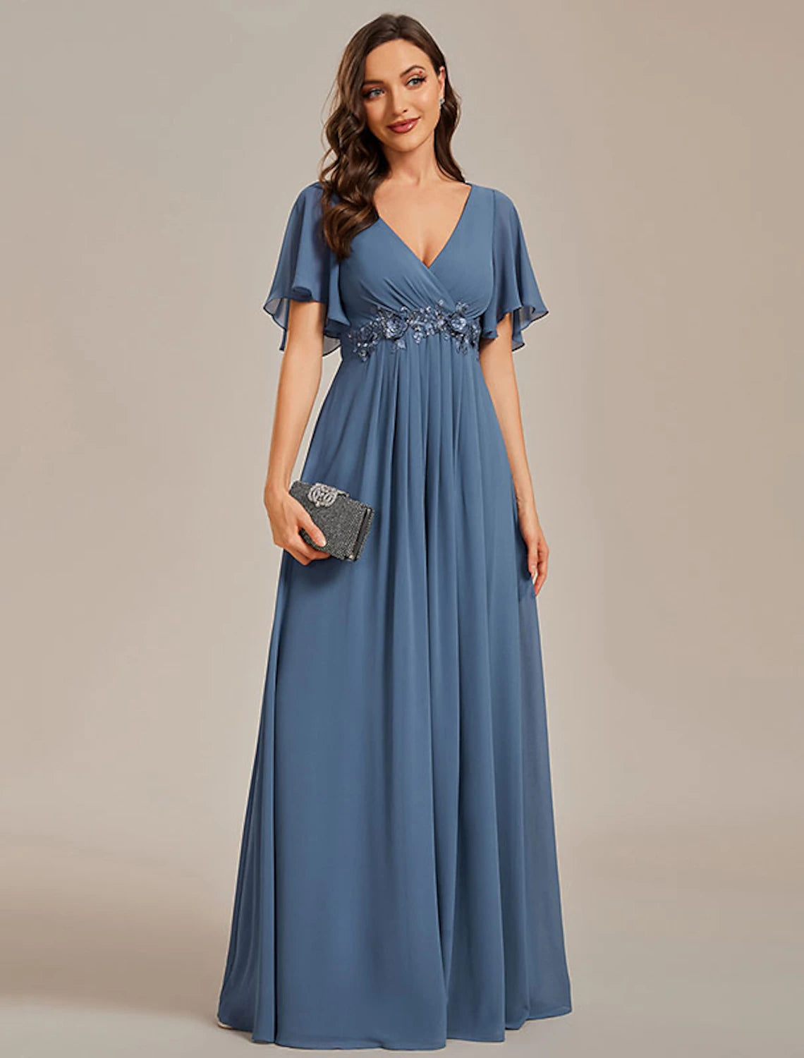 A-Line Wedding Guest Dresses Elegant Dress Formal Wedding Sweep / Brush Train Short Sleeve V Neck Chiffon with Ruched Appliques