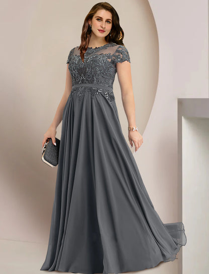 Plus Size Curve Mother of the Bride Dress Wedding Guest Party Elegant Jewel Neck Floor Length Chiffon Lace Short Sleeve with Pleats Sequin