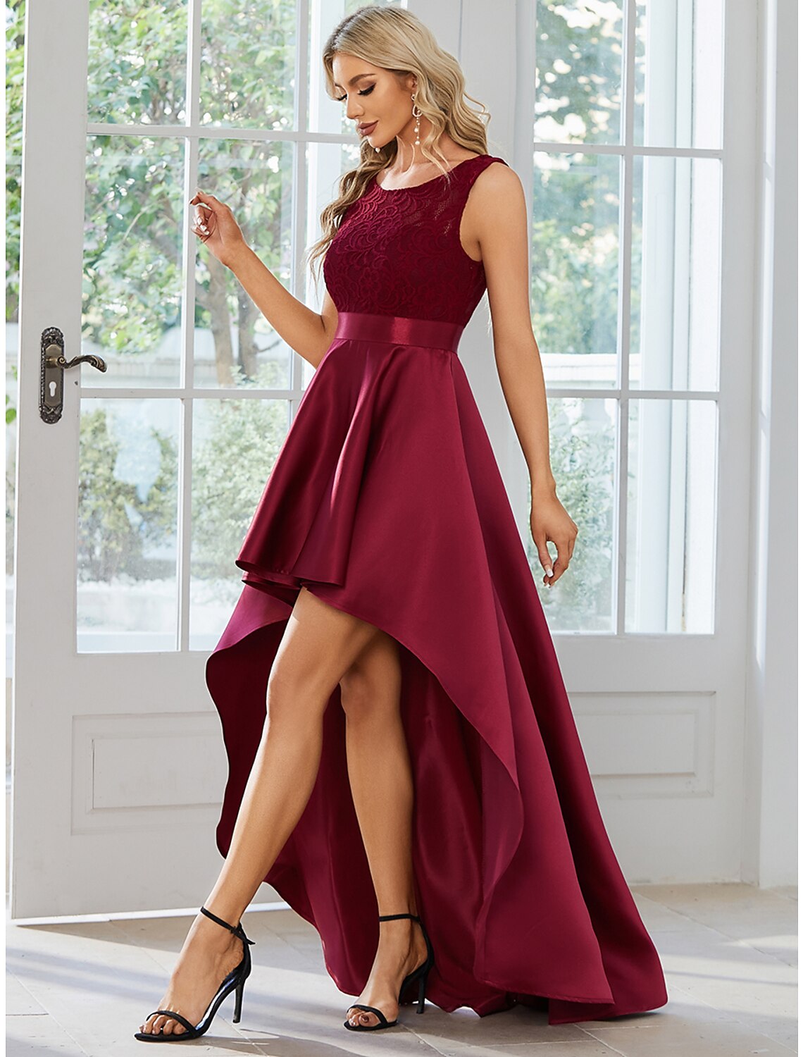 A-Line Wedding Guest Dresses Casual Dress Party Wear Wedding Party Asymmetrical Sleeveless Jewel Neck Satin with Pure Color