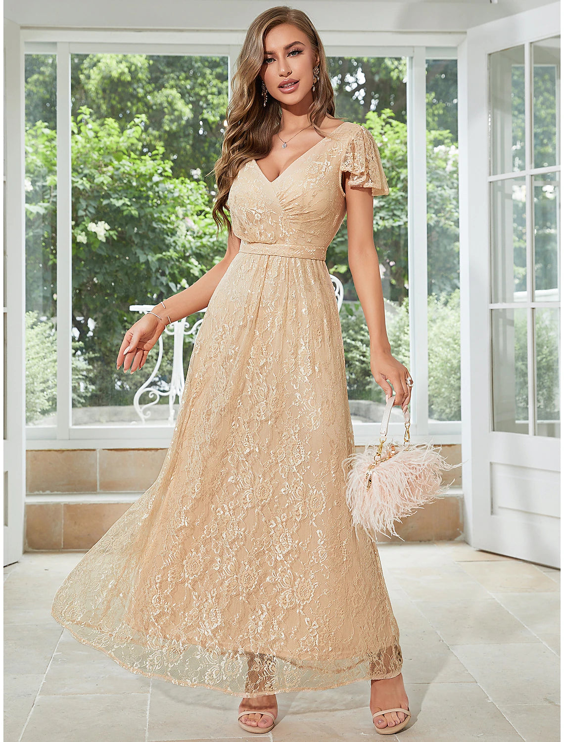 A-Line Wedding Guest Dresses Elegant Dress Party Wear Ankle Length Short Sleeve V Neck Chiffon with Ruffles