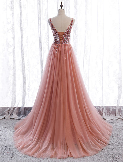 A-Line Prom Dresses Elegant Dress Wedding Guest Party Wear Court Train Sleeveless V Neck Polyester with Pearls Embroidery