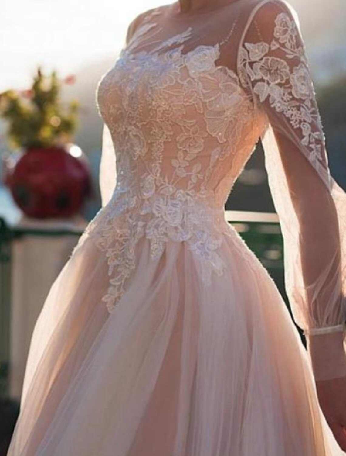 Beach Fall Wedding Dresses in Color Fall Wedding Dresses A-Line Illusion Neck Long Sleeve Sweep / Brush Train Lace Bridal Gowns With Embroidery Appliques