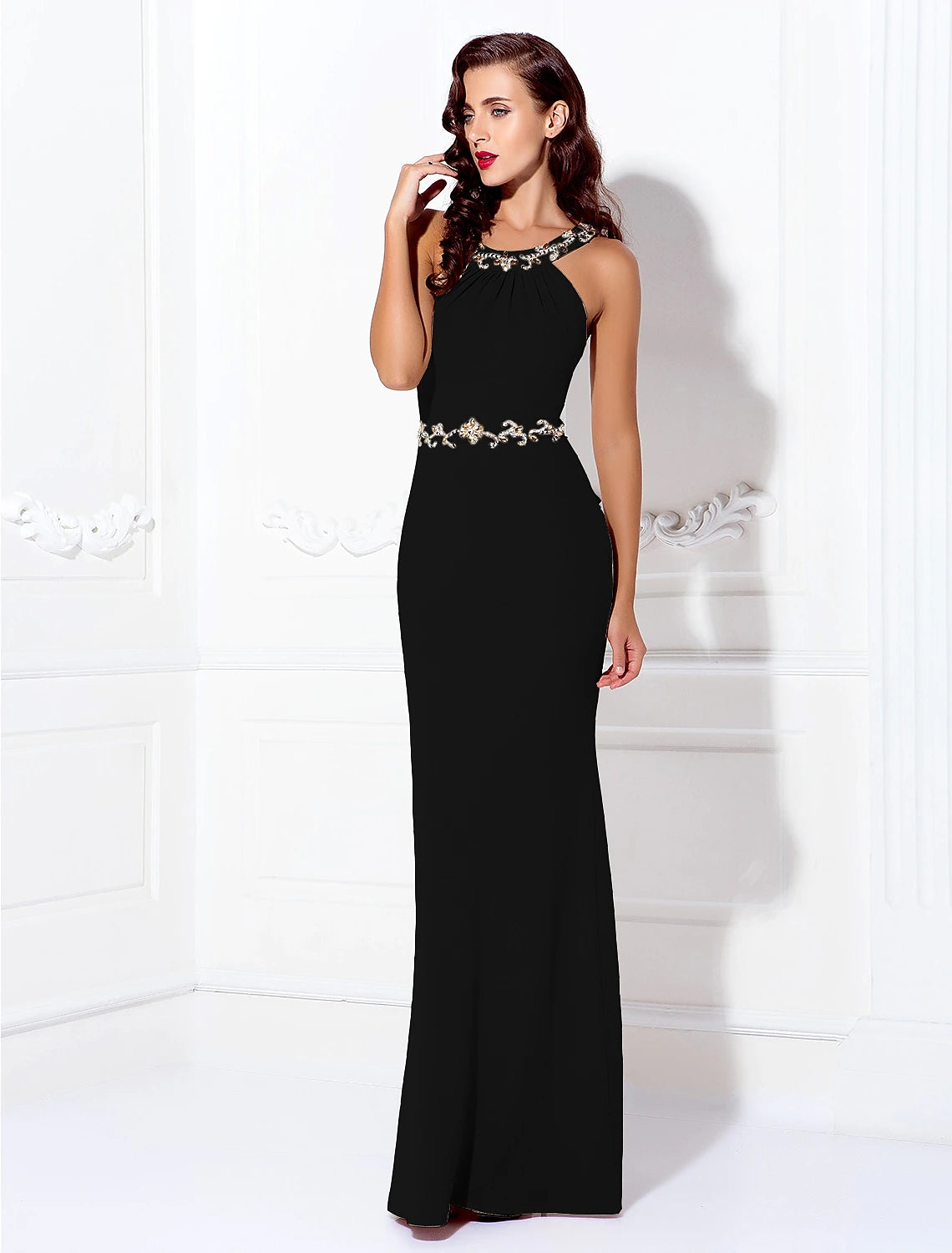 Sheath / Column Beautiful Back Dress Wedding Guest Floor Length Sleeveless Halter Spandex Crisscross Back with Beading