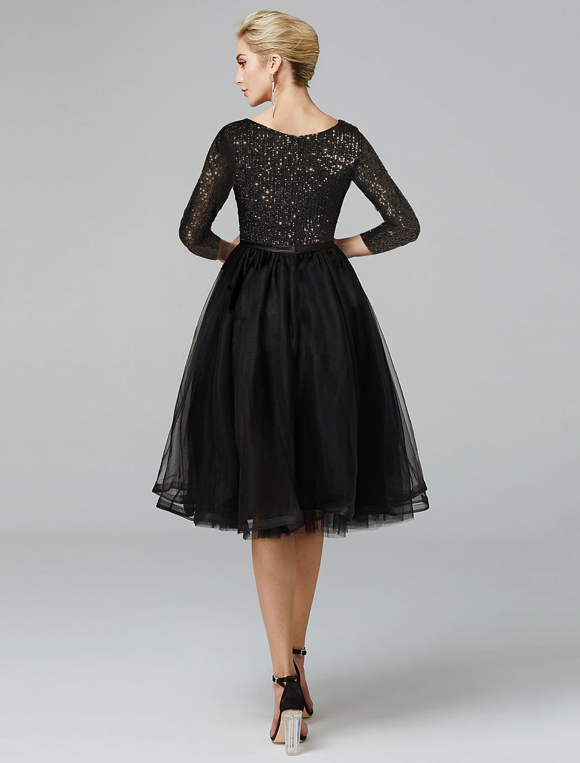 A-Line Cocktail Dresses Sparkle & Shine Dress Formal Tea Length 3/4 Length Sleeve Jewel Neck Tulle with Sequin Strappy