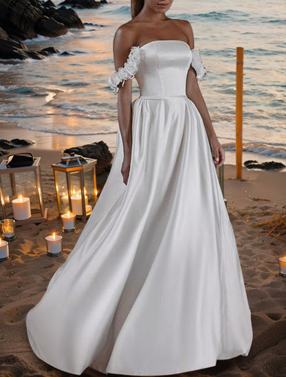 Hall Formal Wedding Dresses A-Line Off Shoulder Sleeveless Floor Length Satin Bridal Gowns With Pleats Flower